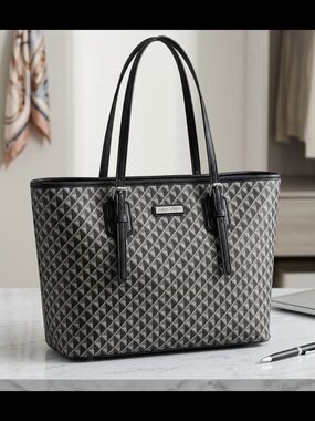 Dana Buchman Black & Gray Geometric Diamond Print Tote Bag